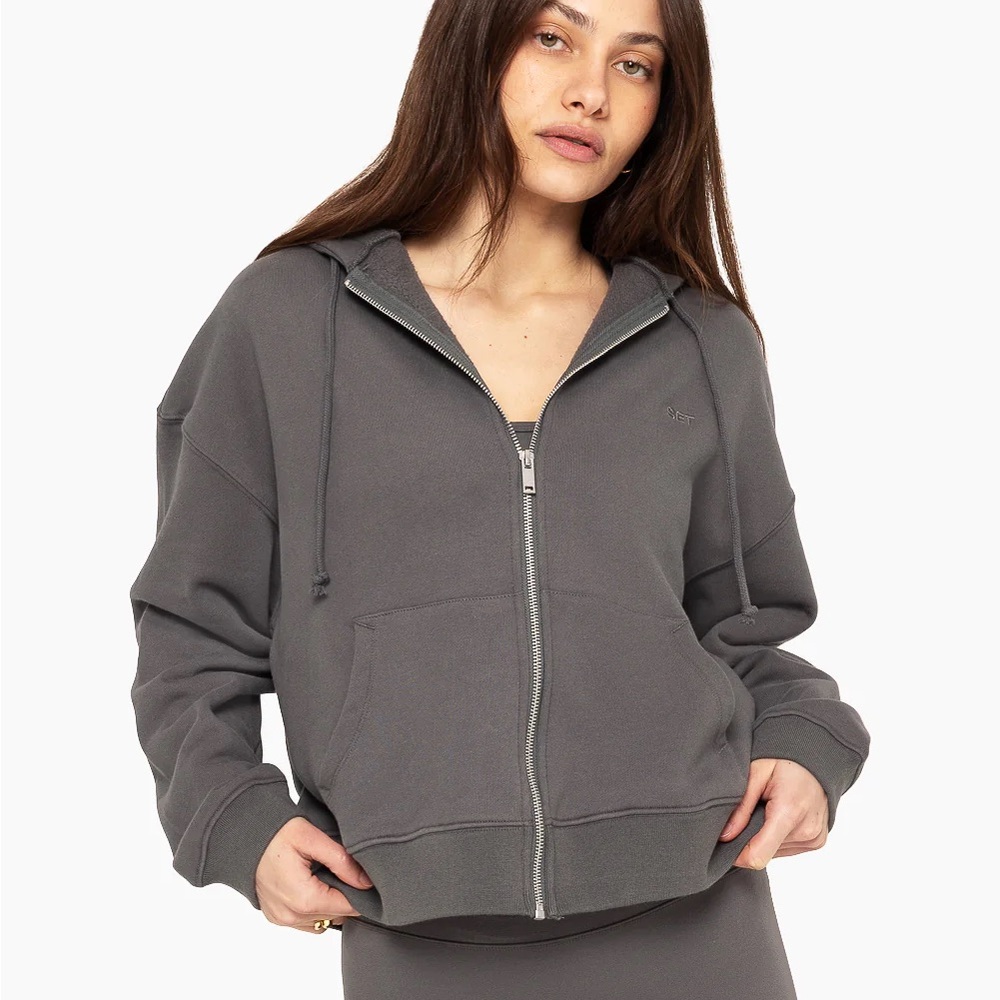 Set Active Hoodie Sweatshirt Women’s XS Full Zip Up Grey Graphite Cotton